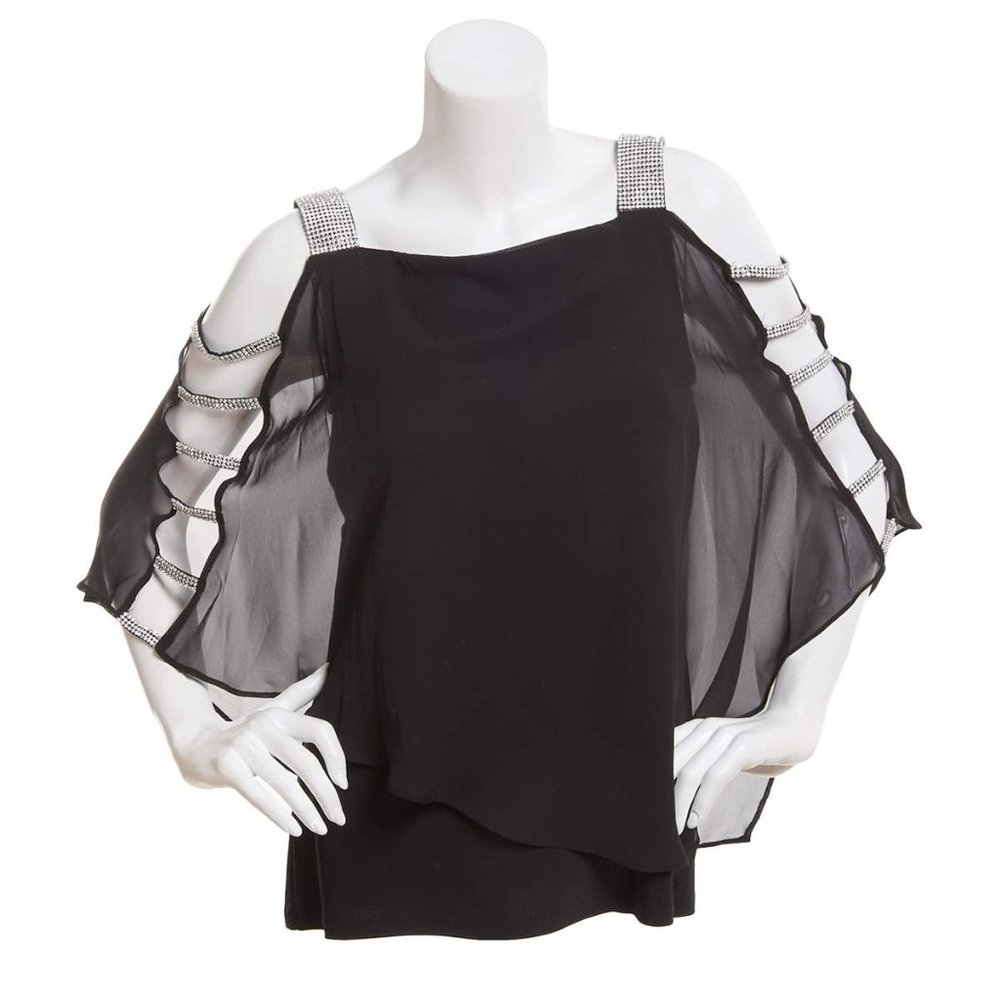 MSK Rhinestone Capelet Overlay Shoulder Black SP